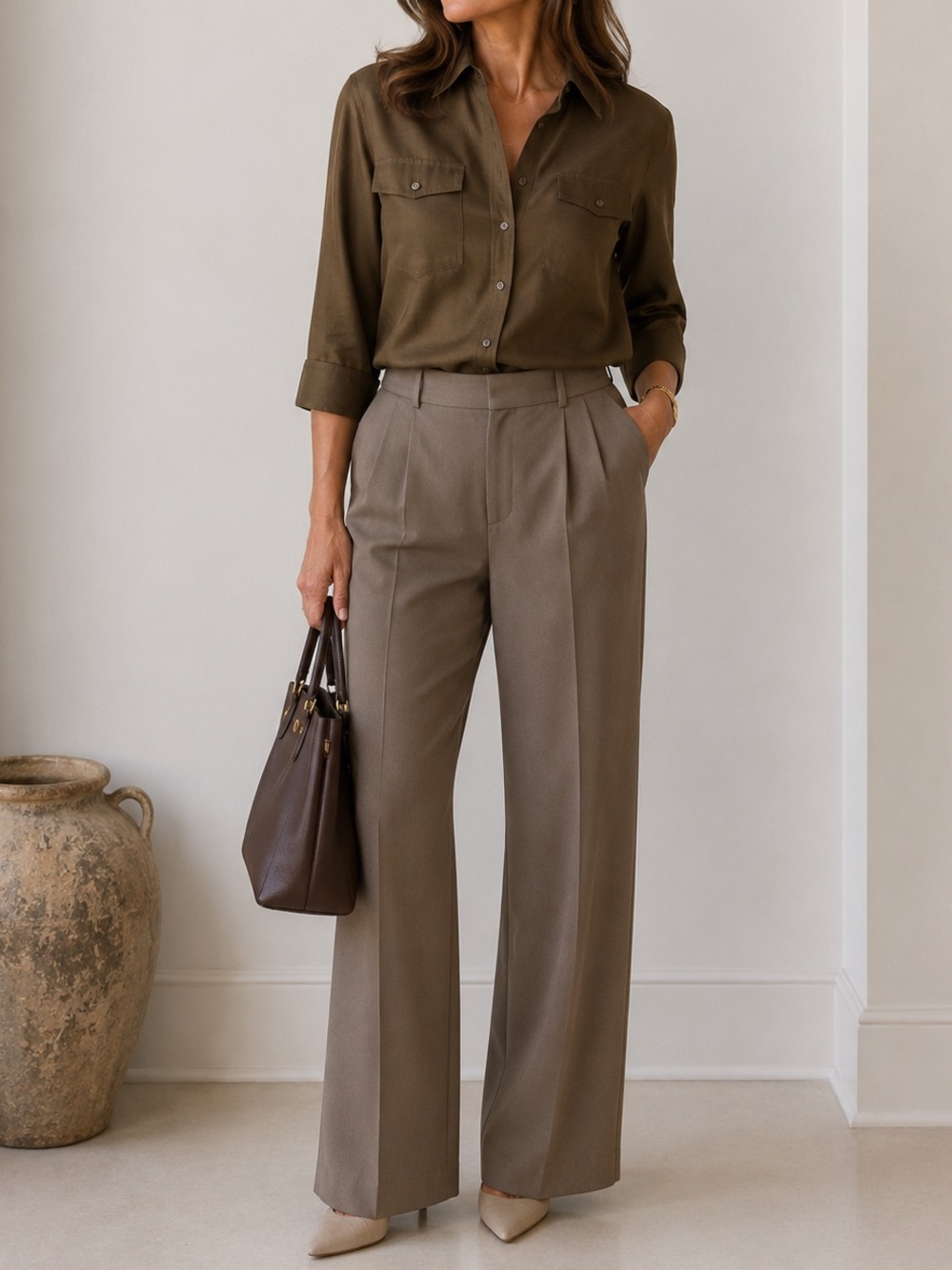 Lauren Ralph Lauren Silk Button Up Textured Olive Green Classy Quiet Luxury